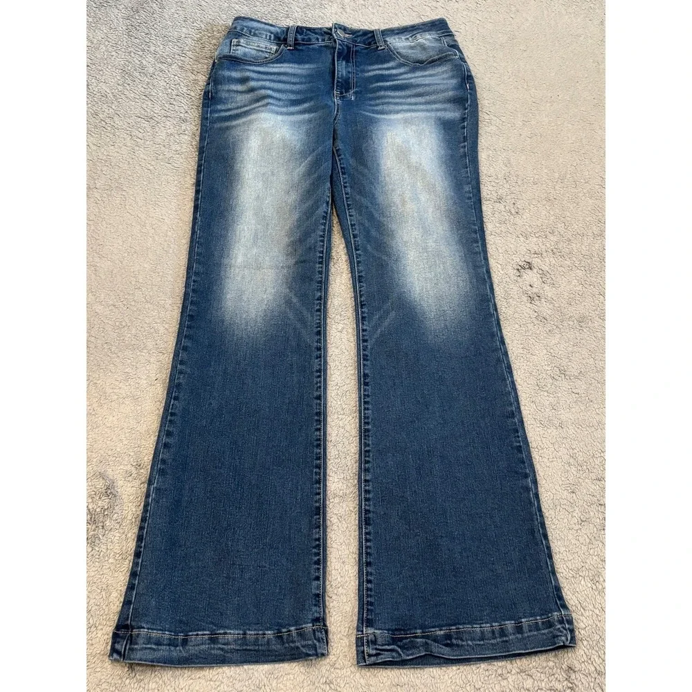 Flamingals Flare Leg Jeans Womens Size L Blue Denim Flap Pocket High Rise